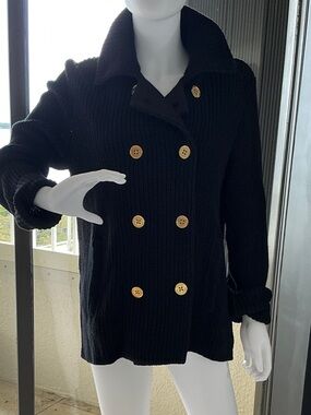 Ralph Lauren Black Knit Double-Breasted Peacoat with Gold Buttons